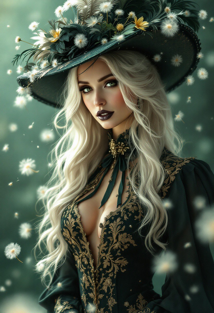 A highly detailed, photorealistic portrait of an elegant woman in a fantasy-inspired Victorian-style outfit. She wears a dark green high-necked dress with intricate golden embroidery, fitting her form closely and flowing gracefully. Her long, platinum blonde hair cascades in soft, flowing waves beneath an extravagant wide-brimmed hat adorned with delicate feathers, flowers, and floating dandelion seeds. Her makeup is dramatic, with dark, seductive lipstick and a slight, mysterious smile. The background is soft and ethereal, with a blend of teal and green tones, creating a dreamy, enchanting atmosphere as dandelion seeds float gently around her. The lighting softly illuminates her face and hat, casting a warm, magical glow that enhances her mystical allure
very detailed eyes