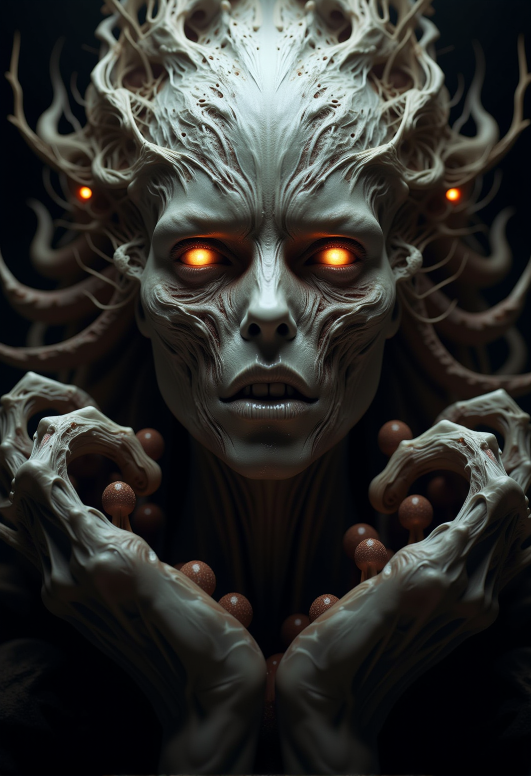 bv-mychorwo, mycelium, horror,. A close-up of a mycelium-infused humanoid with hollow, glowing eyes filled with a malevolent, ancient hunger, their face twisted in agonizing, eternal terror, covered in exposed bone twisted grotesquely by fungal invasion, captured in moody, oppressive lighting that deepens the dread, with light barely illuminating its grotesque features, surrounded by a pervasive sense of choking dread, as if darkness itself is alive and closing in| A full-body shot of a mutated humanoid with fungi spreading relentlessly, its face a gruesome mask of terror and mycelium growth, standing in a haunted forest that seems alive, malevolence breathing through every root, featuring organic, wet surfaces that glisten with rot and corruption, rendered as a surreal, mind-twisting artwork influenced by H.R. Giger and Lovecraftâs darkest imaginings| A surreal fungal entity resembling a monstrous creature of mycelium with twisted, skeletal branches that extend like the fingers of a vengeful spirit, set against an alien landscape dominated by hostile, predatory fungi, depicted with iridescent, glistening highlights reflecting off its slimy, decayed surface, inspired by an eldritch nightmare evoking Lovecraftian cosmic terror} , <lora:bv-mycelium-horror-world-v1.safetensors:1.0:1.0>