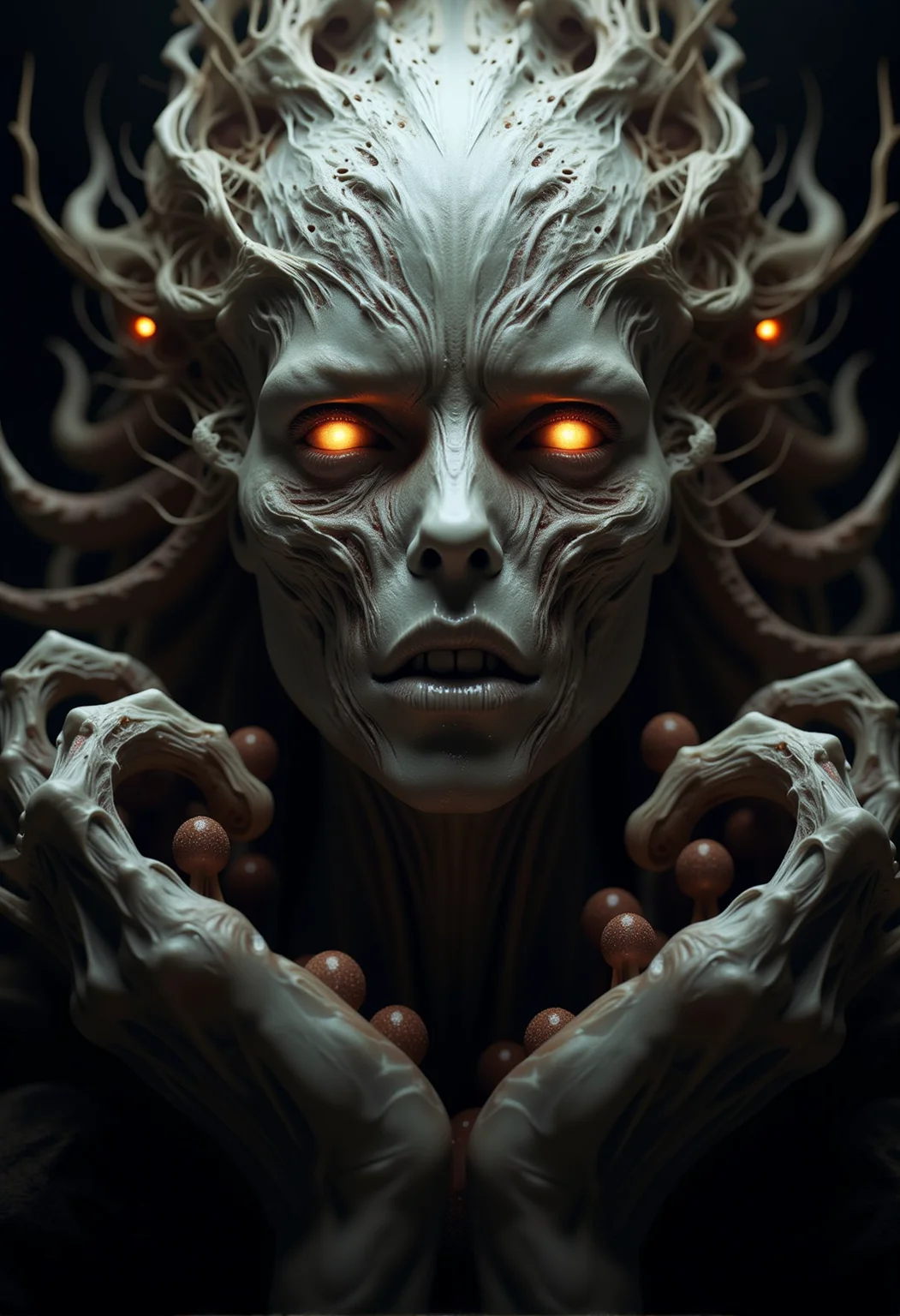 bv-mychorwo, mycelium, horror,. A close-up of a mycelium-infused humanoid with hollow, glowing eyes filled with a malevolent, ancient hunger, their face twisted in agonizing, eternal terror, covered in exposed bone twisted grotesquely by fungal invasion, captured in moody, oppressive lighting that deepens the dread, with light barely illuminating its grotesque features, surrounded by a pervasive sense of choking dread, as if darkness itself is alive and closing in| A full-body shot of a mutated humanoid with fungi spreading relentlessly, its face a gruesome mask of terror and mycelium growth, standing in a haunted forest that seems alive, malevolence breathing through every root, featuring organic, wet surfaces that glisten with rot and corruption, rendered as a surreal, mind-twisting artwork influenced by H.R. Giger and Lovecraftâs darkest imaginings| A surreal fungal entity resembling a monstrous creature of mycelium with twisted, skeletal branches that extend like the fingers of a vengeful spirit, set against an alien landscape dominated by hostile, predatory fungi, depicted with iridescent, glistening highlights reflecting off its slimy, decayed surface, inspired by an eldritch nightmare evoking Lovecraftian cosmic terror} , <lora:bv-mycelium-horror-world-v1.safetensors:1.0:1.0>