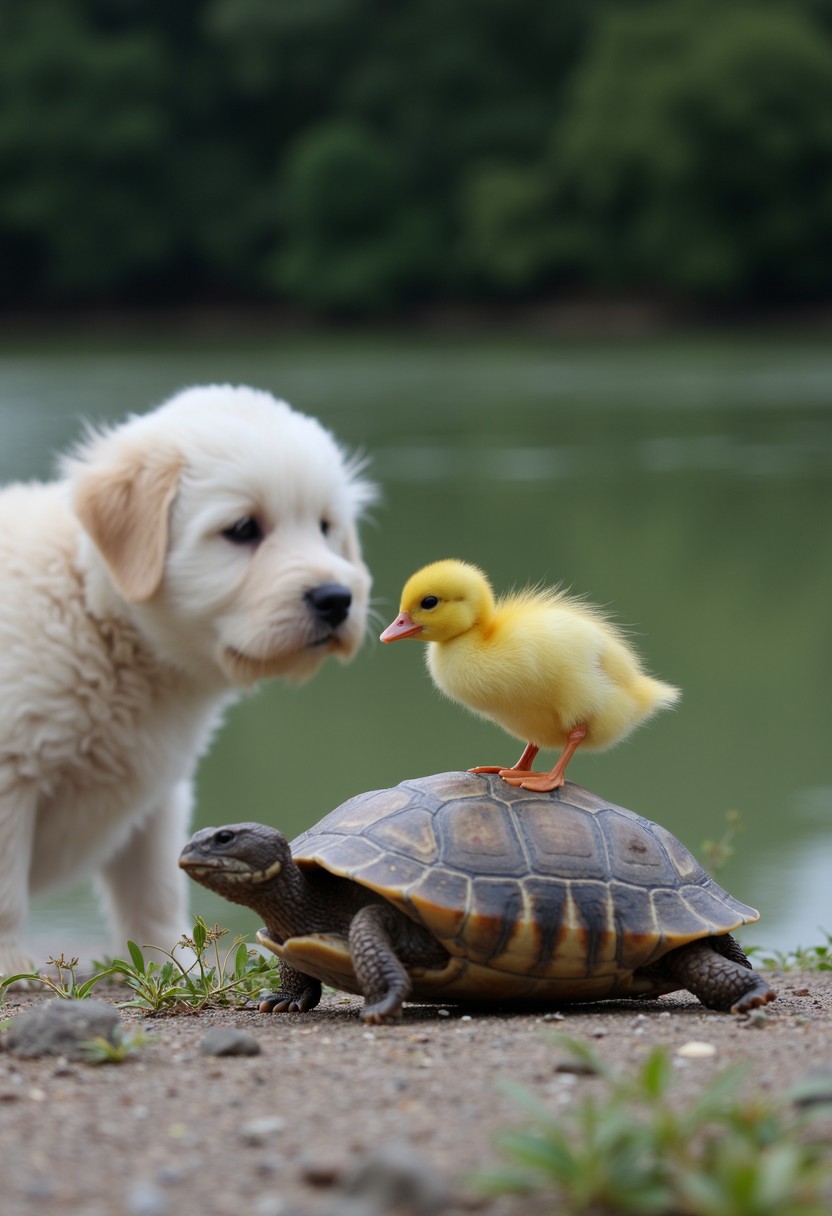 (A tiny yellow duckling) confidently steps on a (turtle's shell), while a (curious white puppy) watches them intently. The duckling's tiny webbed feet lightly press against the turtle's rough surface, and the puppy’s wide-eyed gaze captures the playful curiosity of childhood. (The scene is set by a peaceful riverside), with a blurred backdrop of soft greenery that enhances the feeling of carefree play. [This trio embodies the innocence and joy of young friends exploring the world together], like children delighting in simple, unspoken games.