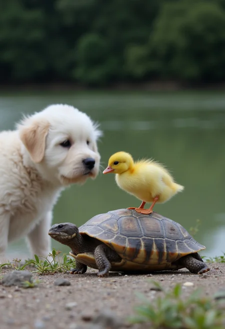 (A tiny yellow duckling) confidently steps on a (turtle's shell), while a (curious white puppy) watches them intently. The duckling's tiny webbed feet lightly press against the turtle's rough surface, and the puppy’s wide-eyed gaze captures the playful curiosity of childhood. (The scene is set by a peaceful riverside), with a blurred backdrop of soft greenery that enhances the feeling of carefree play. [This trio embodies the innocence and joy of young friends exploring the world together], like children delighting in simple, unspoken games.