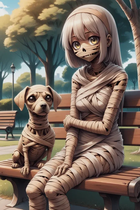 anime manga artbook illustration of a mummified girl sitting on a park bench, cute dog next to it <lora:mummified_sdxl:0.8>