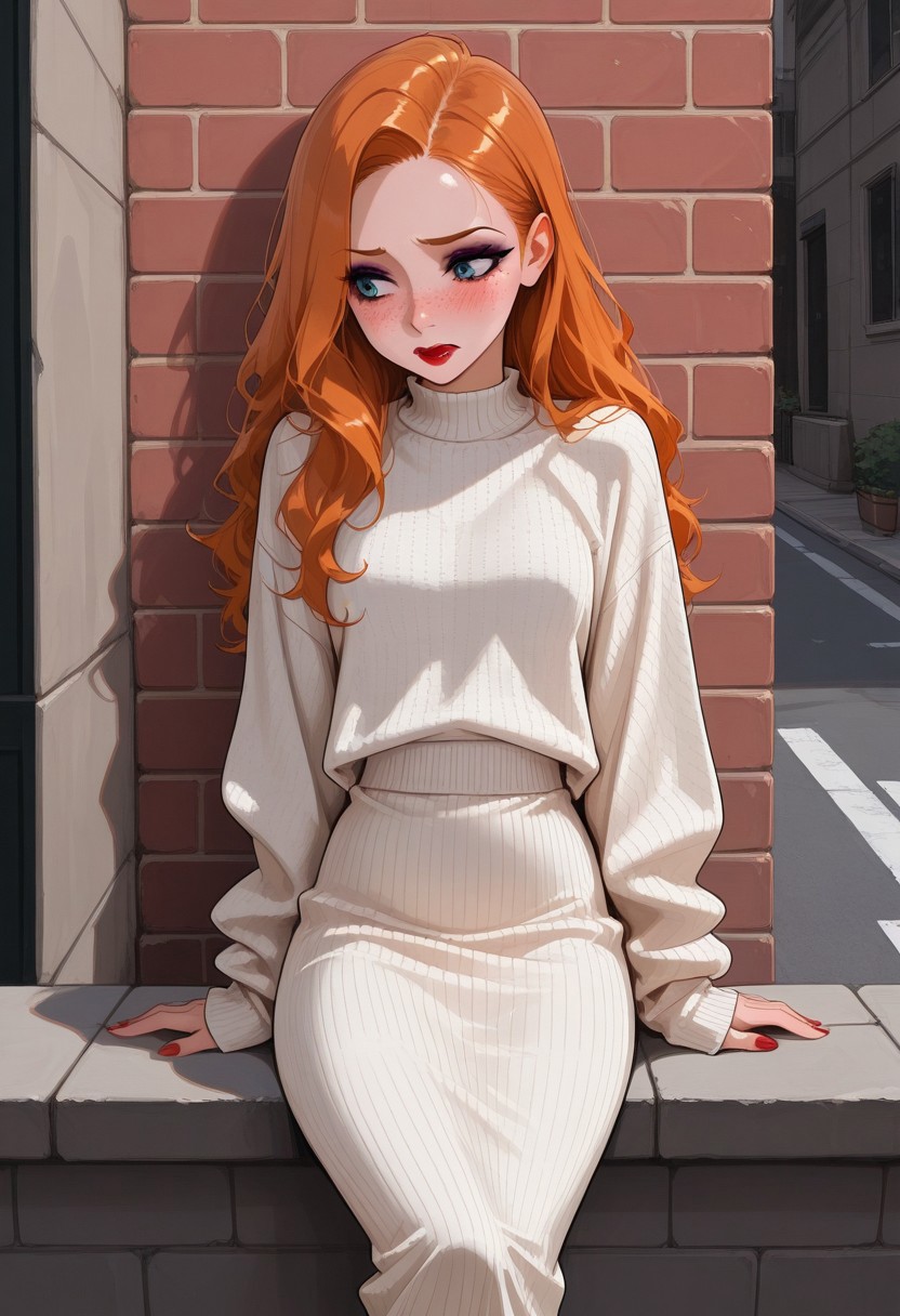 Score_9, Score8_up, Score_7_up, (((High Resolution, Best Quality))),  outdoors, street, brick wall, sitting on the wall, Sandy, very long ginger hair, heavy freckles, makeup, red lipstick, mascara, eye shadow, very small breasts, knit sweater, knit skirt, long sleeves, long skirt, blushing, from below