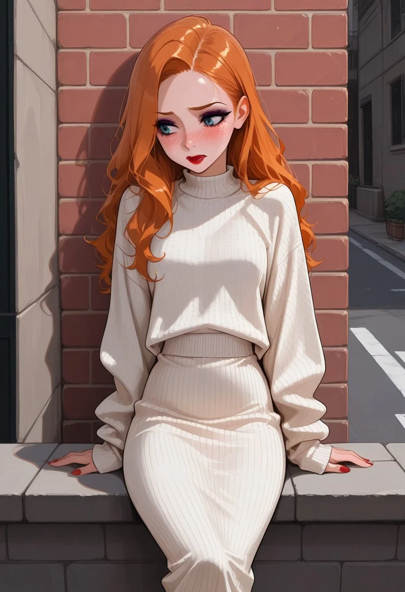 Score_9, Score8_up, Score_7_up, (((High Resolution, Best Quality))), outdoors, street, brick wall, sitting on the wall, Sandy, very long ginger hair, heavy freckles, makeup, red lipstick, mascara, eye shadow, very small breasts, knit sweater, knit skirt, long sleeves, long skirt, blushing, from below