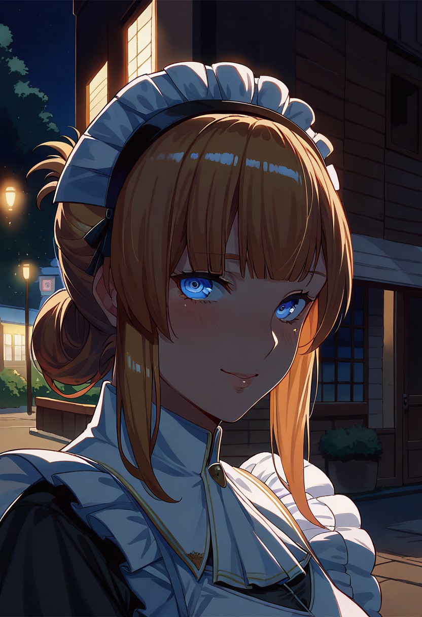 score_9, score_8_up, score_7_up, score_6_up, source_anime, head close-up, mature, Risa, Noir maid outfit, maid headdress, smile, blush, looking at viewer, in a street full of wooden buildings, at dim and dark night, colorful