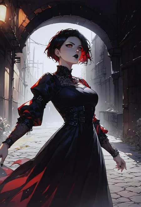 score_9, score_8, score_7_up, masterpiece, high quality, anime, 1 girl, black short pixie hair, red eyes, black lipstick, black chocker, black and red gothic dress, dramatic pose, dark medieval alley, yellow light, dark tone, dark shadows, detailed