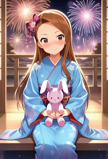 masterpiece,best quality,amazing quality, minase iori, long hair, brown hair, brown eyes, 1girl, japanese clothes, kimono, blue kimono, sitting, solo, stuffed toy, smile, stuffed animal, stuffed bunny, fireworks, blush