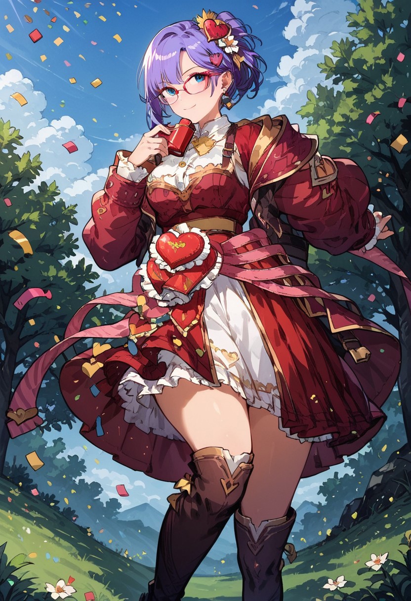 score_9, score_8_up, score_7_up,sweetildyra,1girl, solo, purple hair, blue eyes, boots, white underdress, heart formed hair ornament, knee_boots, boot ornament, band around waist, band belt, open vest, brugundy split skirt, pattern on clothes, confetti box, outside, field of hearts, sky, glasses,burgundy top,Expressiveh