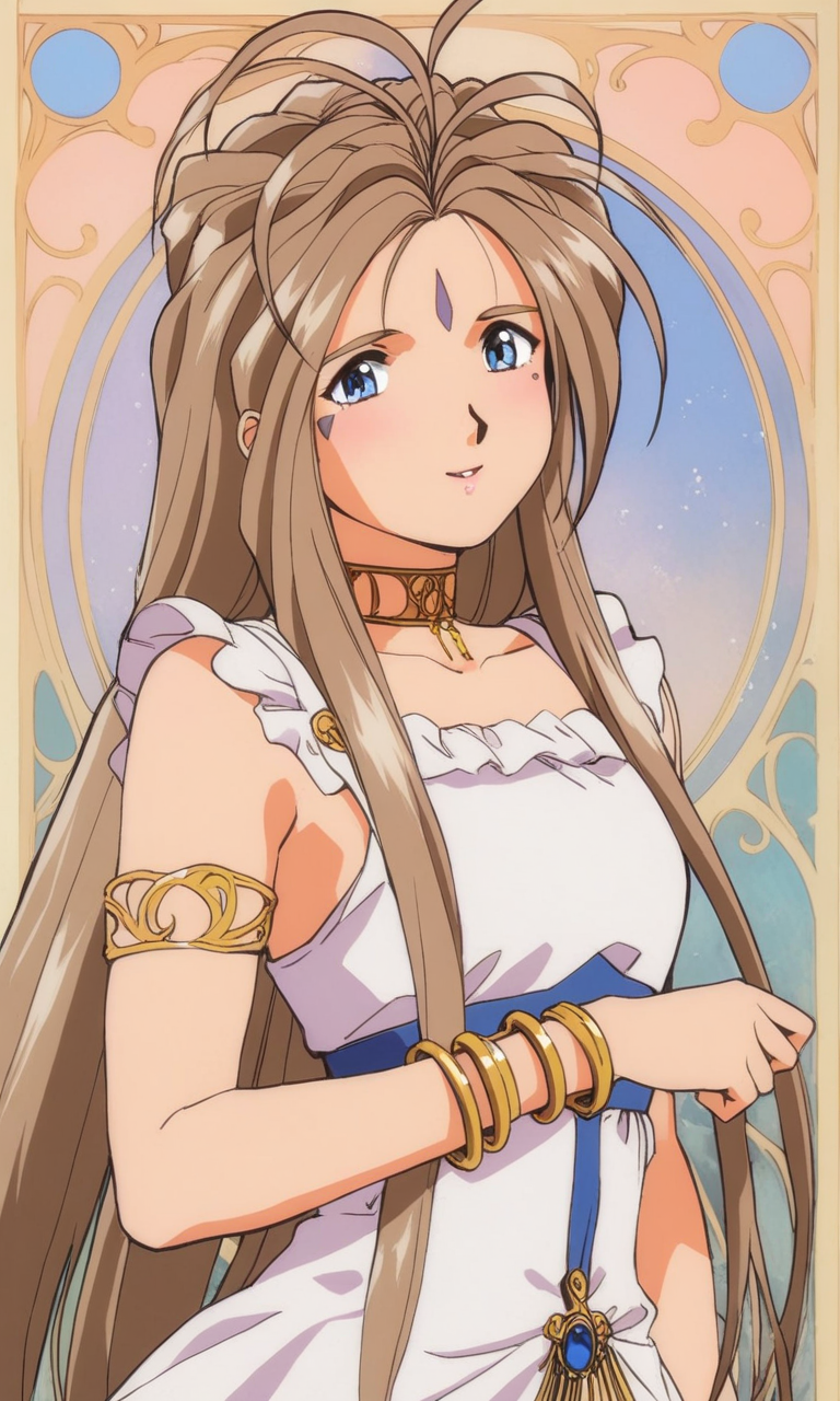 belldandyova, belldandy, Belldandy, Oh My Goddess, solo, 25 years old woman, 165cm tall,
light brown hair, voluminous hair, long side bangs, blue eyes, antenna hair, ahoge from the forehead center top, light pink lips,
an elongated-shaped blue forehead mark, triangular-shaped blue cheek marks,
goddess outfit, gold choker, earrings, bracelets, anklets, 
posing, looking at the viewer,
((blurred background)),
smile, (blushing: 0.9), dynamic angle, full body shot, ((art nouveau)),
<lora:Belldandy OVA SDXL V1.1:1>,
<lora:Alphonse Mucha Style:0.8>