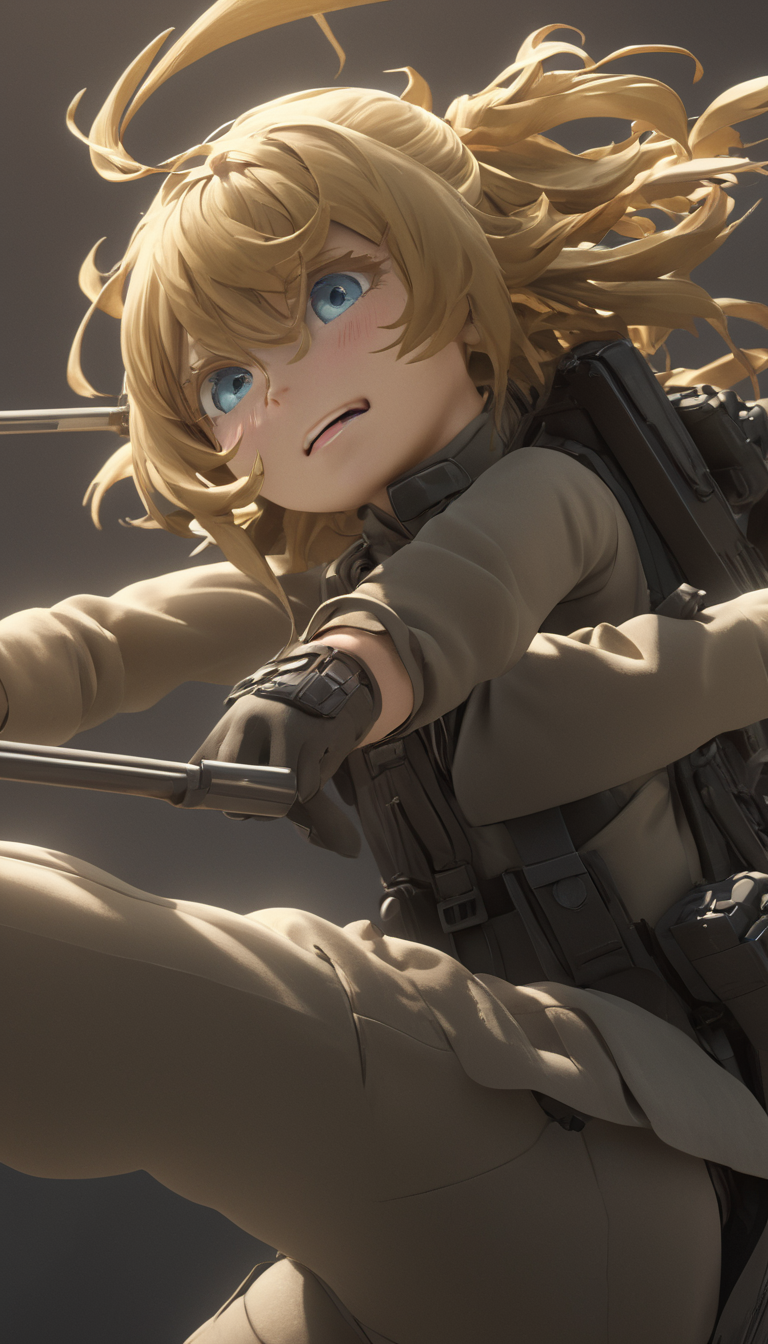 Cinematic scene, hero view, Tanya Degurechaff, Youjo Senki <lora:tanya_degurechaff_xl_v7:1>, action pose, detailed background, masterpiece, best quality, high quality, absurdres, Photorealistic, Hyperrealistic, Hyperdetailed, analog style, detailed skin, matte skin, soft lighting, subsurface scattering, realistic, heavy shadow, masterpiece, best quality, ultra realistic, 8k, golden ratio, Intricate, High Detail, film photography, soft focus
