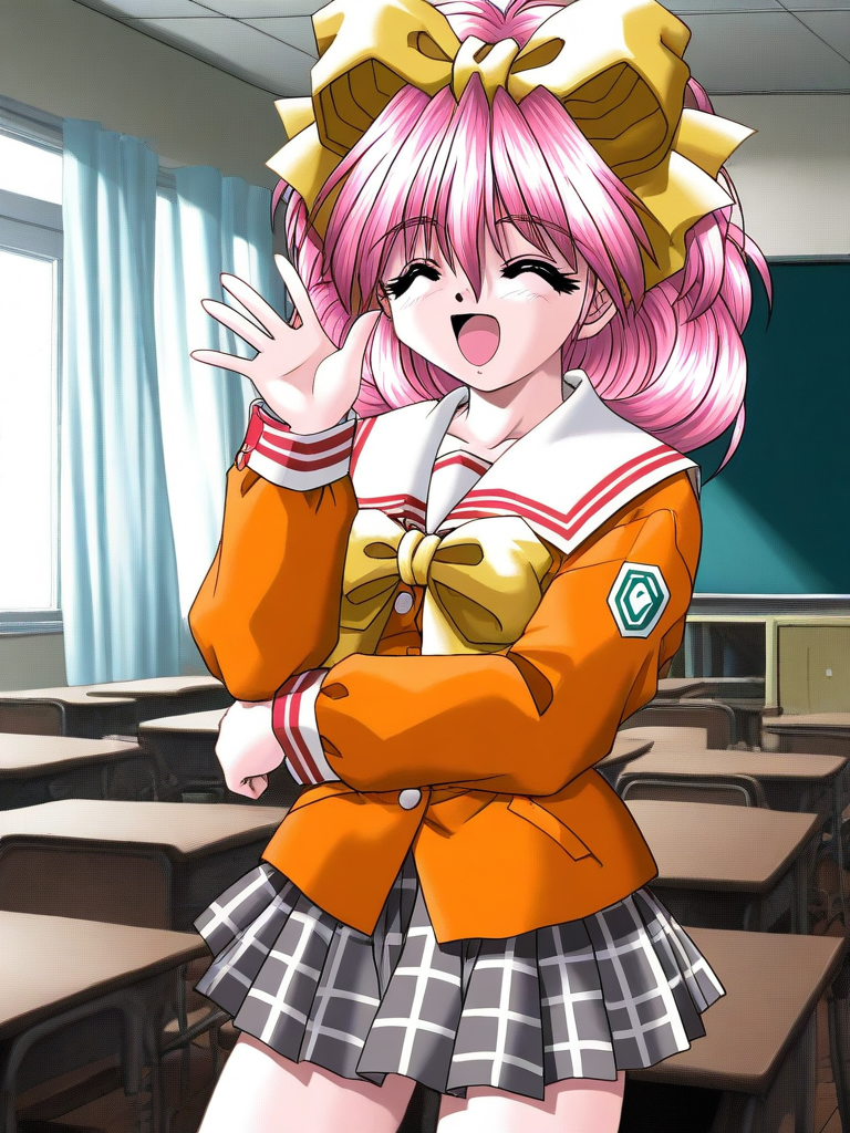 general,highres, ultra-detailed,very aesthetic,best quality ,best hands, BREAK <lora:Kanzaki_Suzu_Akumu_AoiKajitsunoSange_IS:1>
Kanzaki_Suzu, 1girl, solo, pink hair, medium hair, yellow bow, closed eyes, hair bow, short,
orange school uniform, gray plaid skirt, white and black skirt, 
happy,
open mouth,
class room, curtain,