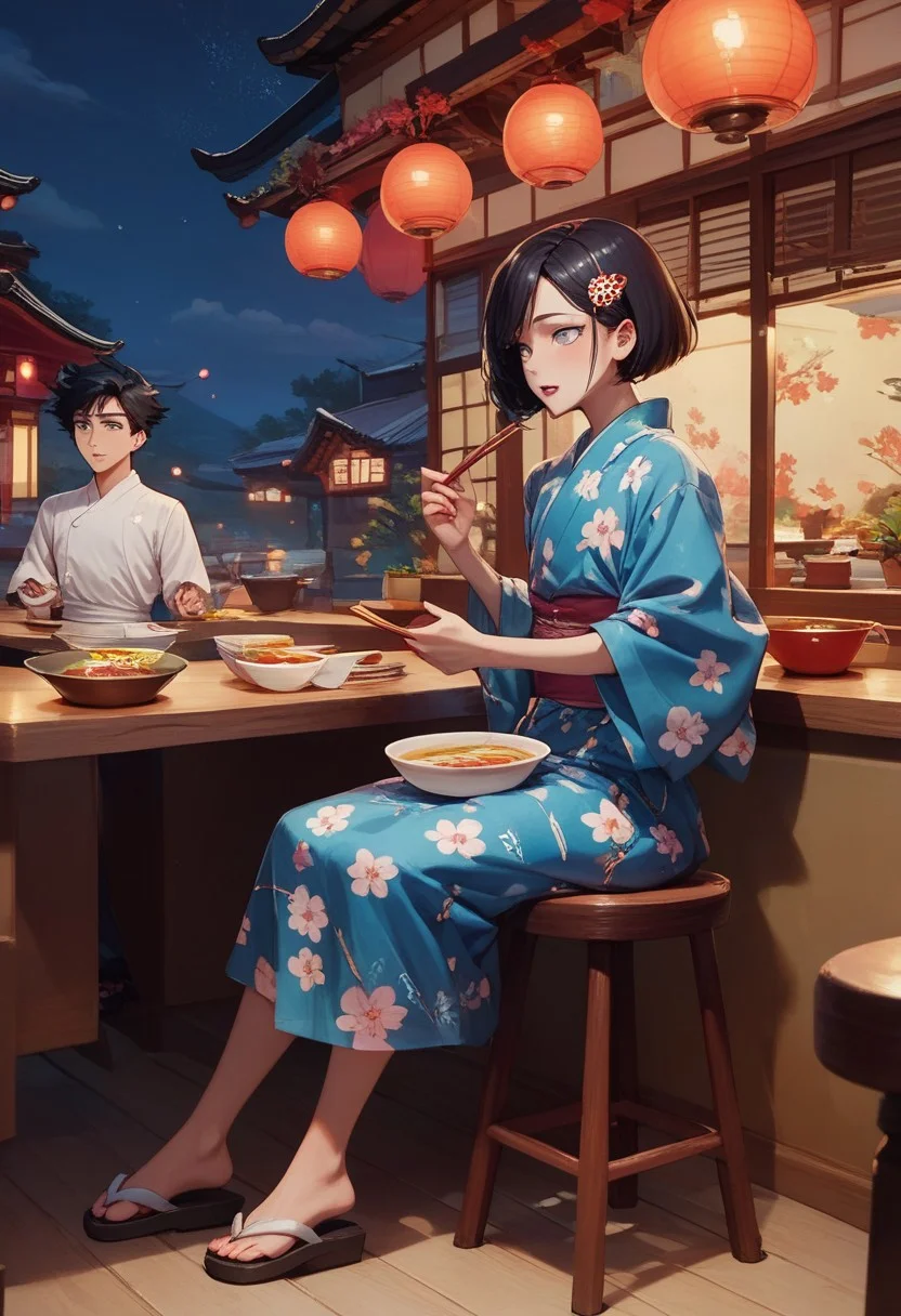 score_9, score_8_up, score_7_up, 1boy, femboy, otoko no ko, short hair, bob cut hair, black hair, grey eyes, gray eyes, feminine face, toned body, Shelly, jyojifuku, yukata, japanese clothes, floral print,hair ornament,sandals, sitting, side view, highly detailed, intricate, zzCitronLegacy, outside, night, ramen stand, stool, talking to chef, chopsticks, ramen soup, 1boy, Japanese chef