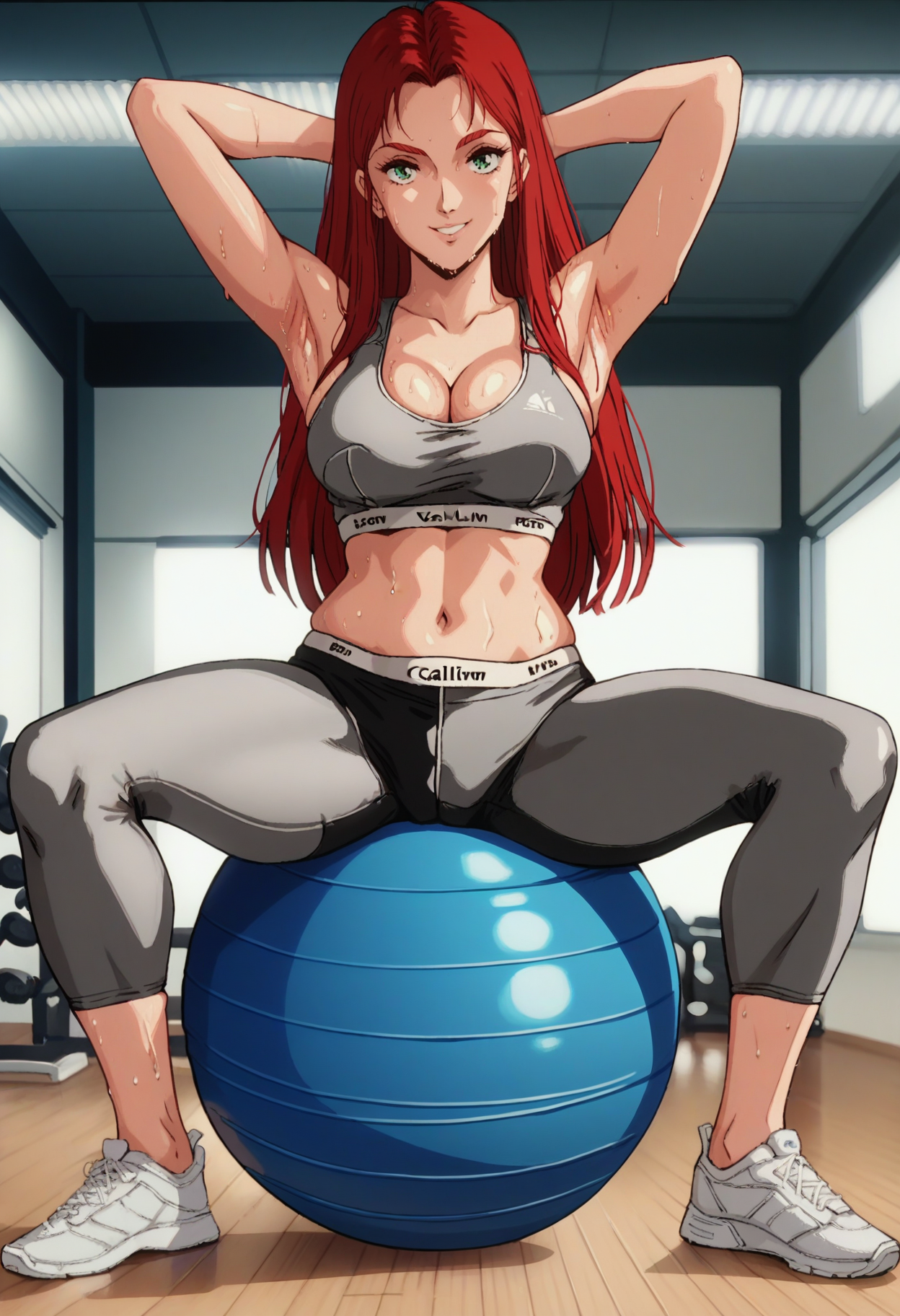 score_9, score_8_up, score_7_up, score_6_up, anime screencap, anime coloring, <lora:G0080CM_epoch_10:0.9>, G0080CM, red hair, green eyes, long hair, breasts, 
<lora:CalvinKleinSF:0.6>, calvin klein, sports bra, navel, cleavage, midriff, wedgie, grey bra, grey leggings, leggings, sweat, skindentation, white footwear, sneakers,
looking at viewer, smile, exercise ball, shiny skin, front view, arms behind head, armpits, 
BREAK gym, indoors,
