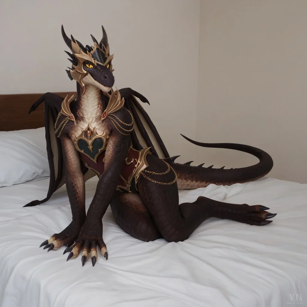 score_9, score_8_up, score_7_up, score_6_up, score_5_up, score_4_up, masterpiece, high quality, realistic, detailed, best quality, 1girl, solo, rating_safe, source_furry, white bed, bedroom, smiling, seductive, looking at viewer, on bed, full body, emberthal_wc, dracthyr, dragon, black scales, wings, horns, tail, claws, female, 1girl, anthro, yellow sclera, armor, helmet, black slit eyes, negative_hand