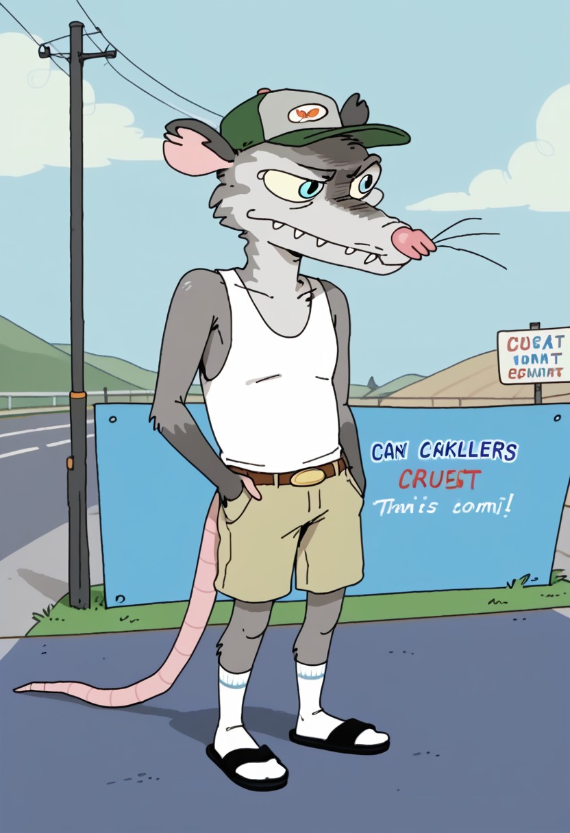 Score_9, score_9_up, solo, 1boy, furry, animal, oppossum, pink nose, blue eyes, grey fur, rat tail, opossum tail, animal ears, tank top, cap, green cap, shorts, socks, flip flops, sandals, wiskers, standing, highway background