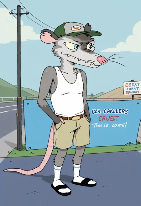 Score_9, score_9_up, solo, 1boy, furry, animal, oppossum, pink nose, blue eyes, grey fur, rat tail, opossum tail, animal ears, tank top, cap, green cap, shorts, socks, flip flops, sandals, wiskers, standing, highway background