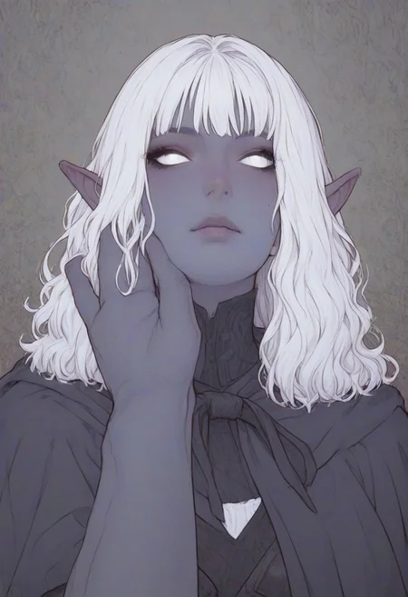 (score_9, score_8_up, score_7_up), source_anime, anime, female, elf, (dark blue skin), drowsinue, grey corset, grey cape, white shirt, black right arm, armor, white hair, wavy hair, medium hair, white eyes, masterpiece, best quality <lora:Floox_Style:1> detailed eyes, detailed hair, povcheekgrabbing, solo focus, hand on another's face, white hand on face, pale hand.