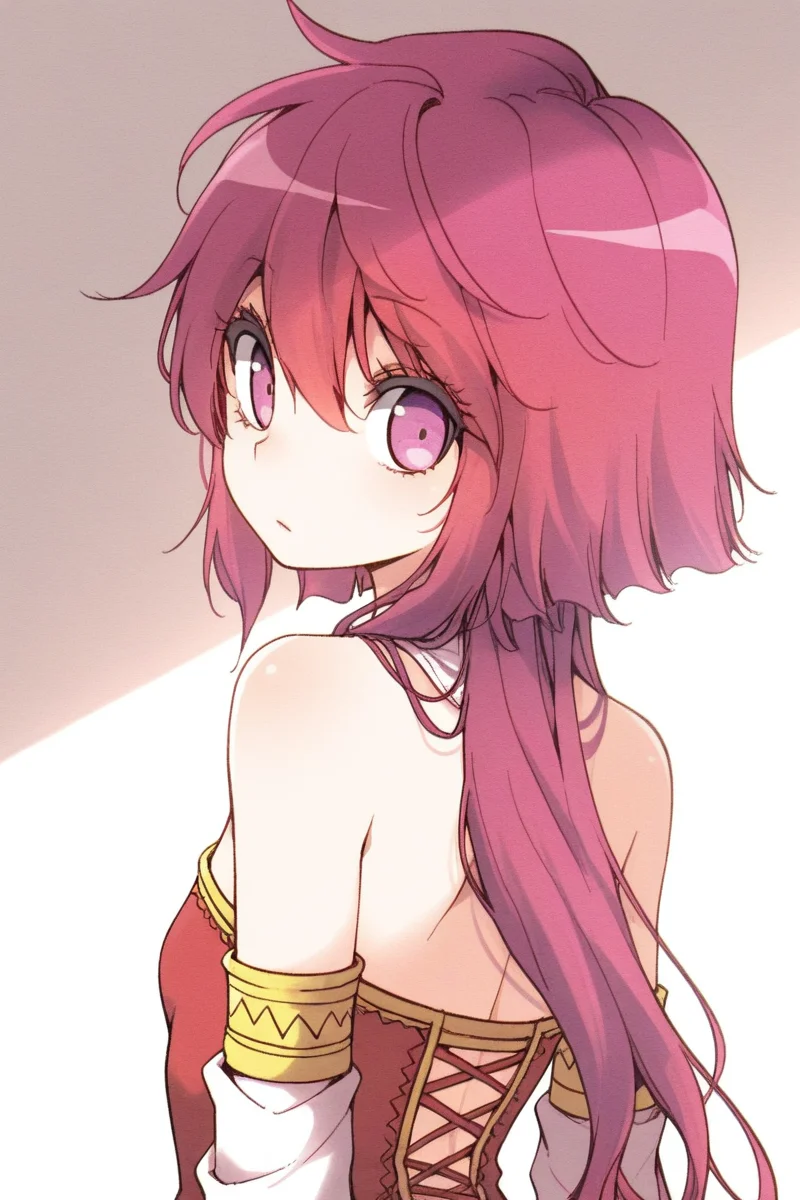masterpiece, best quality, amazing quality,
<lora:CrzNghbr_IL:1> crznghbr, 1girl, solo, pink eyes, looking back, detached sleeves, pink hair, red hair, short hair, long hair, bare shoulders