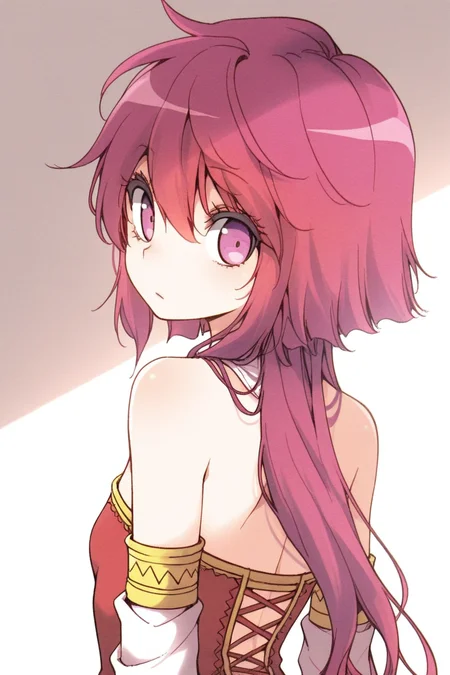 masterpiece, best quality, amazing quality,
 <lora:CrzNghbr_IL:1> crznghbr, 1girl, solo, pink eyes, looking back, detached sleeves, pink hair, red hair, short hair, long hair, bare shoulders