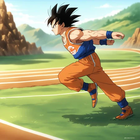 N4RUT0RUNv1, Source_anime, (Dragon Ball Z), ((score_9)),score_8_up,score_7_up,score_6_up,score_5_up,score_4_up, solo, 1boy, (Goku), black hair, source_DBZ, track_suit, running, arms behind back, arms straight, muscular male, intense, dynamic pose, meme, outdoors, wilderness, detailed background, green grass, orange dirt, stones, (side view),