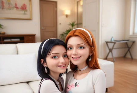 score_9, score_8_up, score_7_up, score_6_up,
2girls, sitting together, on a couch, (leaning against each other, head on shoulder, cheek to cheek:1.4),
1girl, Sabrina Raincomprix, long hair, orange hair, green eyes, fair skin, earrings, white blouse, choker,
1girl, Marinette Dupain-Cheng, long hair, bright bluebell eyes, black hair, twin tails, earrings, red blouse, choker,
perfect eyes, real skin, amateur, photo, solo, perfect face, perfect eyes, sexy, beautiful eyes, petite body,
masterpiece, best quality, amazing quality,
heavy blush, thick dark eyelashes, tiny body,
(skinny girl), on a couch, family home, living room, wall pictures, plants,
blurry background, lot of people in background, shy expression, depth of field, volumetric lighting, biting lips, vibrant colors, intricate details,
smiling, teeth, arms crossed, close up on face, real skin,