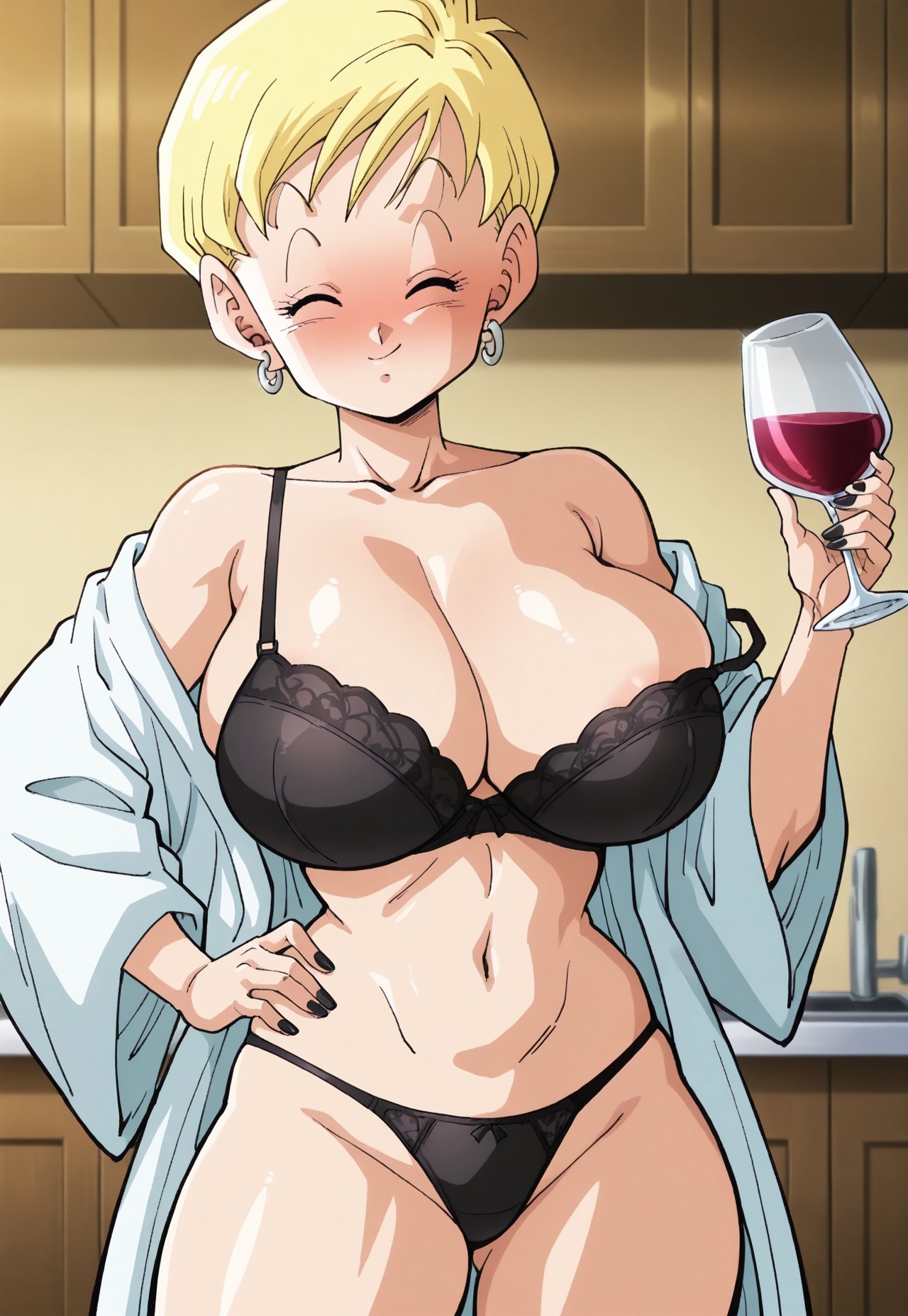 safe_pos, Tights_DB, black eyes, messy blonde hair, short hair, large breasts, athletic body, nail polish, closed eyes, thick thighs, BREAK, 

off shoulder, jewelry, earrings, open clothes, bra slip, robe, open robe, hand on hip, black panties, black bra, black nails, holding cup, alcohol, drinking glass, drunk, wine glass, BREAK,

indoors, at home, kitchen, detailed background, golden hour lighting, BREAK,

(safe_pos, fine texture, masterpiece, ultra-detailed, very awa, best quality, very aesthetic, absurdres, newest, volumetric lighting, scenery), dragon_ball_z, source_anime, anime screenshot, original art style, anime screencap, BREAK,