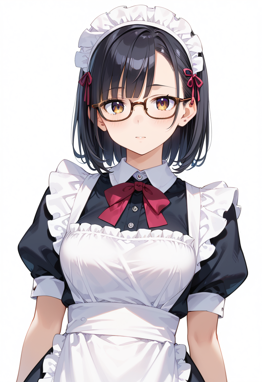 score_9, score_8_up, score_7_up, rating_safe, masterpiece, best quality, absurdres, unity 8k wallpaper, official art, official style, source_anime, uncensored, game cg, megami magazine,
1girl, solo, black hair, medium hair, upper body, covered eyes,maid, maid headdress, black dress, maid apron, face focus,
Wellington24S, glasses, white background, simple background, brown-framed eyewear
 <lora:glasses_Wellington24S_PONY_V1:1>