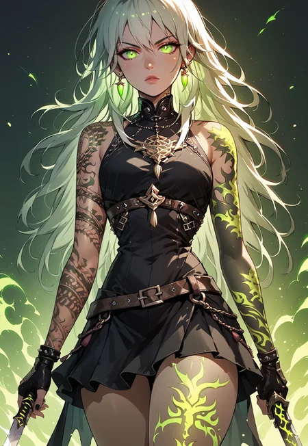 safe_pos, score_9, score_8_up, score_8_up,NLSTN, dark, 1girl, byleth (fire emblem) solo,  long hair,earrings, jewelry, green glowing eyes, bare shoulders, white hair, green glowing tattoos, Nordic tattoo, ((arms tattooed)), tattoos, sexy pose, ((body tattoos)), cowboy shot, holding sword in one hand, fingerless gloves, skirt, Lower body focus, ((thighs tattooed)),