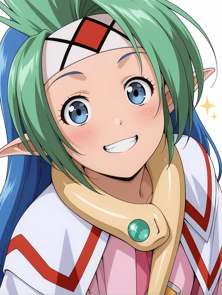 masterpiece,best quality,amazing quality,anime screencap,
1girl,solo,
<lora:elma_hoyly_ilxl_v1.4:1>,elma,spiked hair,multicolored hair,low-tied long hair,e_hb,E_clothes,
<lora:Fixhands_anime_bdsqlsz_V1:1>,dynamic_angle,cinematic_angle,looking_at_viewer,upper_body,light_blush,grin,smirk,simple_background,white_background,from_above,sparkle,