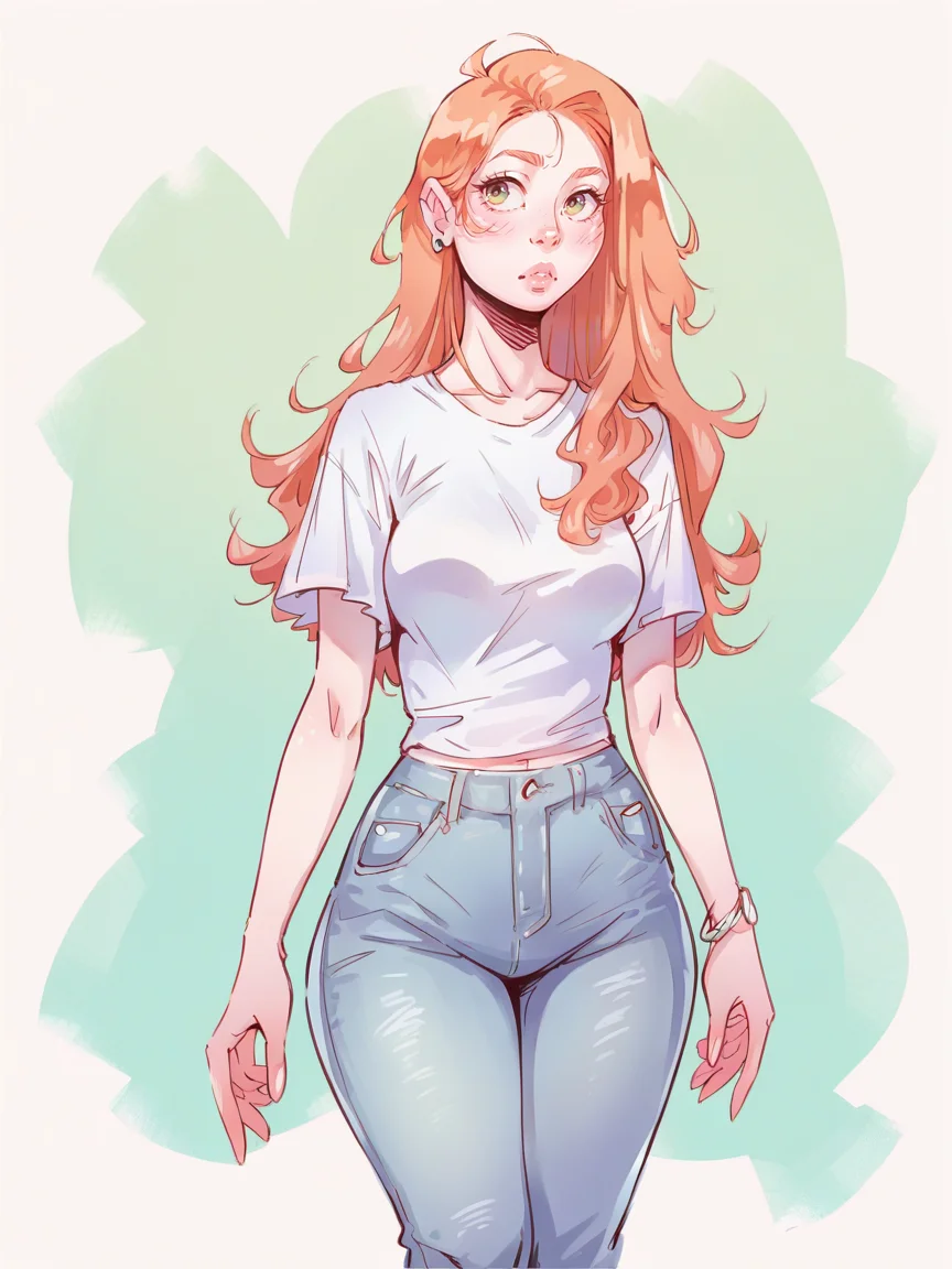 score_9, score_8_up, score_7_up, score_6_up, score_5_up, <lora:bk1tXLP:1> bk1t, long hair, curvy, jeans, t-shirt, ginger hair,