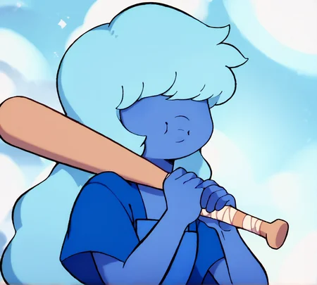 Sapphire, zPDXL, best quality, amazing quality, score 9, 1girl, hair over eyes, blue hair, blue skin, long hair, baseball bat, leaning on baseball bat, <lora:Sapphire:1>