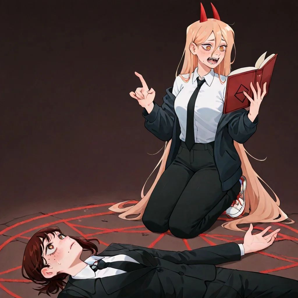 masterpiece, best quality, newest, absurdres, highres, toon, toon style, cartoon, MHWW-V1.0, my hot witch wife (meme),
1girl, power \(chainsaw_man\), demon horns, long hair, blonde hair, very long hair, red horns, black necktie, horns, cross-shaped pupils, shirt,
magic book, book, kneeling,
BREAK 1girl, higashiyama kobeni \(chainsaw_man\), brown hair, collared shirt, black necktie, black jacket,