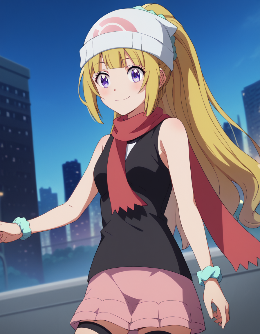 score_9, score_8_up, score_7_up, source_anime, keikaruizawa, <lora:kei-karuizawa-anime-s2-ponyxl-lora-nochekaiser:1>, kei karuizawa, long hair, bangs, blunt bangs, purple eyes, blonde hair, hair ornament, ponytail, scrunchie, blue scrunchie,, <lora:dawn-pokemon-cosplay-ponyxl-lora-nochekaiser:1>, dawnpokemoncosplay, dawn \(pokemon\) \(cosplay\), bare shoulders, beanie, black shirt, black socks, bracelet, hat, jewelry, kneehighs, miniskirt, pink skirt, red scarf, scarf, shirt, skirt, sleeveless, sleeveless shirt, white headwear,, cityscape, street, smile, blush,, cowboy shot, dutch angle, solo,