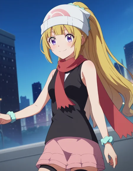 score_9, score_8_up, score_7_up, source_anime, keikaruizawa, <lora:kei-karuizawa-anime-s2-ponyxl-lora-nochekaiser:1>, kei karuizawa, long hair, bangs, blunt bangs, purple eyes, blonde hair, hair ornament, ponytail, scrunchie, blue scrunchie,, <lora:dawn-pokemon-cosplay-ponyxl-lora-nochekaiser:1>, dawnpokemoncosplay, dawn \(pokemon\) \(cosplay\), bare shoulders, beanie, black shirt, black socks, bracelet, hat, jewelry, kneehighs, miniskirt, pink skirt, red scarf, scarf, shirt, skirt, sleeveless, sleeveless shirt, white headwear,, cityscape, street, smile, blush,, cowboy shot, dutch angle, solo,