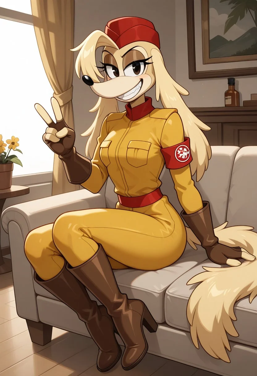 masterpiece, best quality, amazing quality, very aesthetic, high resolution, ultra-detailed, absurdres, newest BREAK 1girl, solo, Pilot Saluki Cuphead, Sgt. O' Fera, yellow pilot's suit, brown fingerless gloves, brown high knee heel boots, red cap, red chest pocket on the right, red armband, furry, smile, happy, looking at viewer, grin, sitting, v, on couch, indoors, living room
