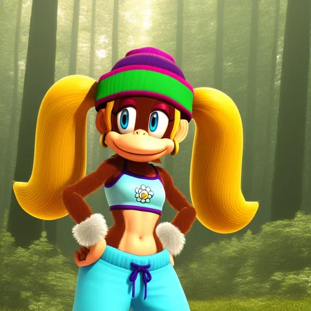 score_9, solo, t_kong, beanie, blonde hair, twintails, blue eyes, crop top, wristband, midriff, hands on hips, forest