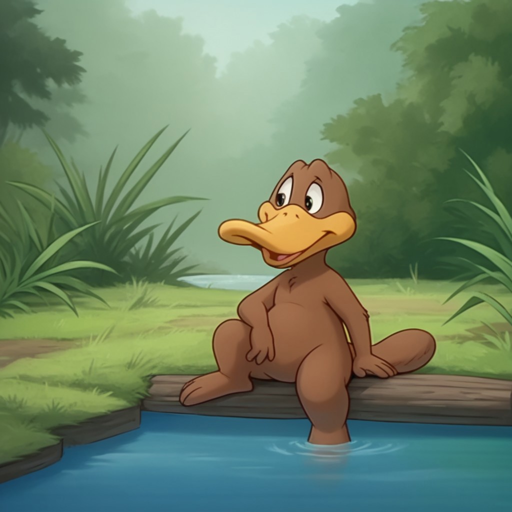 score_9, score_8_up, score_7_up, score_6_up, score_5_up, score_4_up, source_furry, Flapbbv2, semi-anthro, male, Platypus, brown fur, duck-billed, webbed feet, sitting, next to a stream, feet in water, in the forest, solo, 1boy