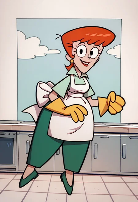 score_9, score_8_up, score_7_up BREAK DexMom, 1girl, short orange hair, black eyes, red lipstick, golden pearl earrings, yellow gloves, white body apron, light green polo shirt, dark green pants, dark green flat shoes, smiling at viewer, full body,