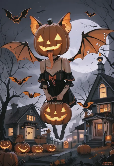 score_9, score_8_up, score_7_up, halloween, pumpkin mask with long tongue, glowing orange eyes, , pumpkin has bat wings glowing , displayed in a backyard, floating in air , night time with foggy atmosphere, beautiful details in the pumpkin