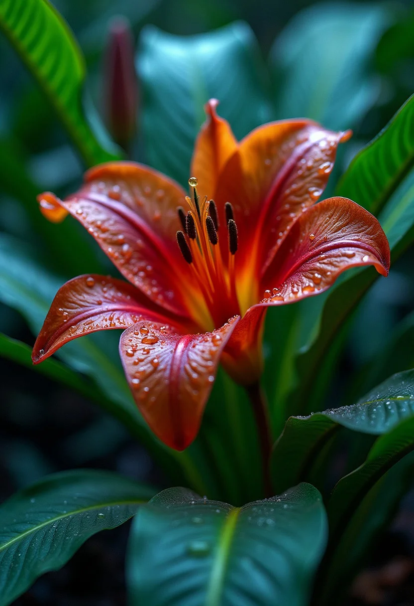A macro, photorealistic image of a red and orange flame lily surrounded by thick green leaves and plants in a rainforest in Zimbabwe. The lily is damp from a light rain with a cool, blue morning light.