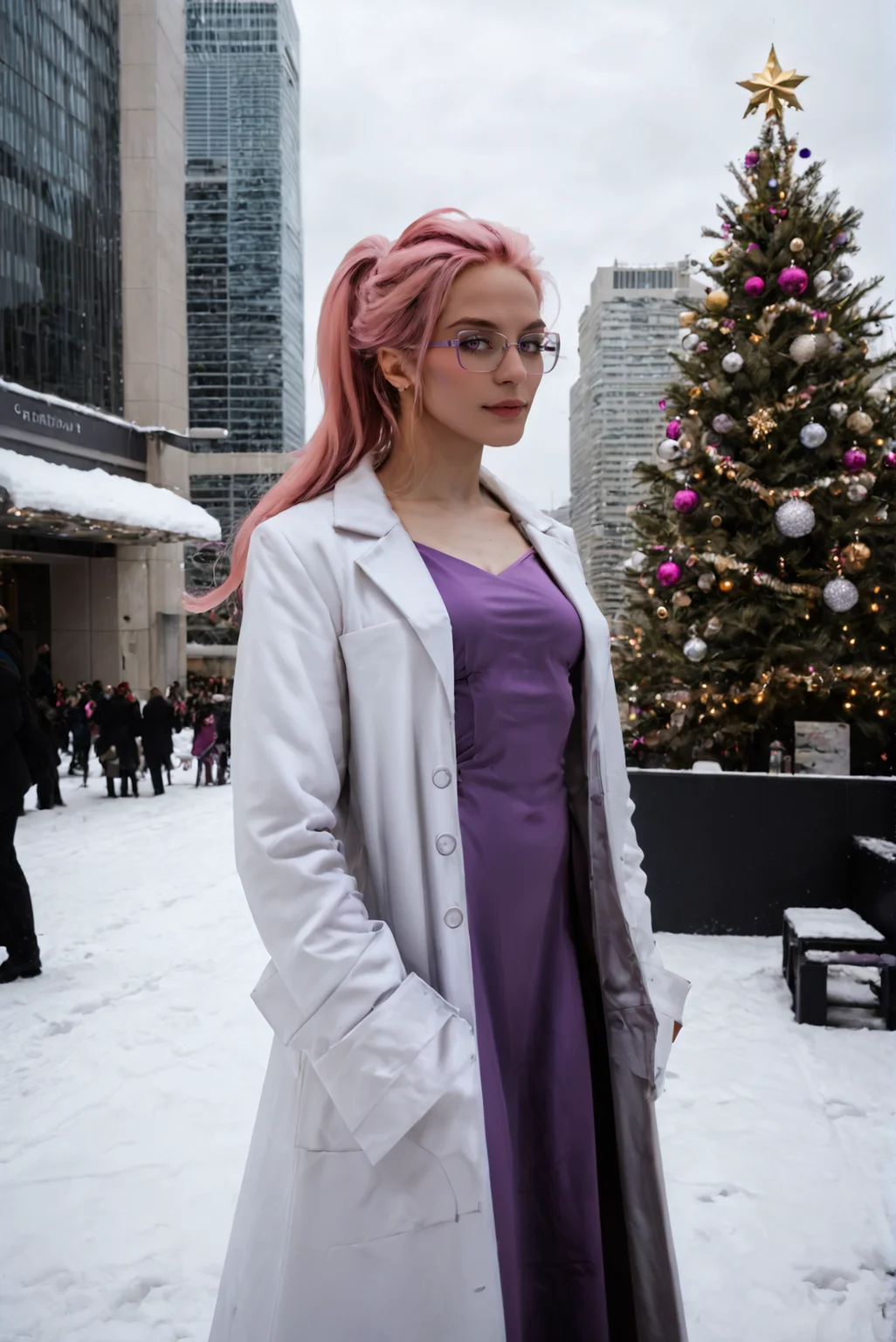 score_9, score_8_up, score_7_up, SOLO
<lora:intp_v1:0.8>
intp_v1 , solo
ponytail, pink hair, long hair,
pale skin,
purple eyes,
breasts, small breasts,
glasses, semi-rimless eyewear,
labcoat, white coat, coat, open coat,long sleeves,
purple dress,, winter