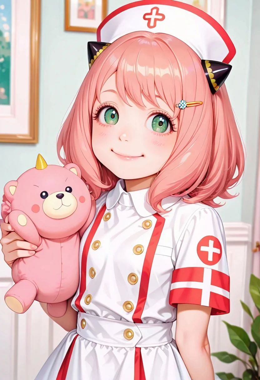Anya Forger from 'Spy x Family' does something cute and funny. She has short pink hair styled in a bob with small horn-shaped hairpins on either side of her head. Anya's big, expressive green eyes looked bright and full of joy. He was petite and small in stature, typical of a child. Anya wears a nurse's uniform and is brightly colored which emphasizes her cheerful personality. Set the backdrop in a lively, fun setting, such as a decorated room or garden. Capture a moment when he does something adorable, like making a funny face, playing with his favorite toy, or imitating someone in a funny way. Emphasize his cheerful and charming nature at this moment."