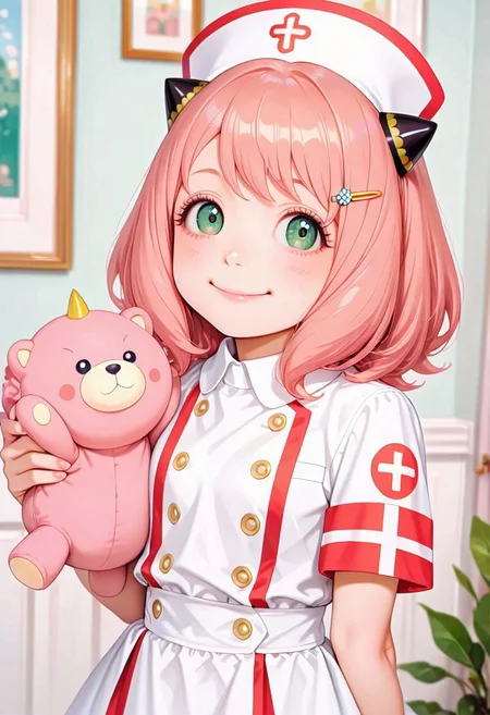 Anya Forger from 'Spy x Family' does something cute and funny. She has short pink hair styled in a bob with small horn-shaped hairpins on either side of her head. Anya's big, expressive green eyes looked bright and full of joy. He was petite and small in stature, typical of a child. Anya wears a nurse's uniform and is brightly colored which emphasizes her cheerful personality. Set the backdrop in a lively, fun setting, such as a decorated room or garden. Capture a moment when he does something adorable, like making a funny face, playing with his favorite toy, or imitating someone in a funny way. Emphasize his cheerful and charming nature at this moment."