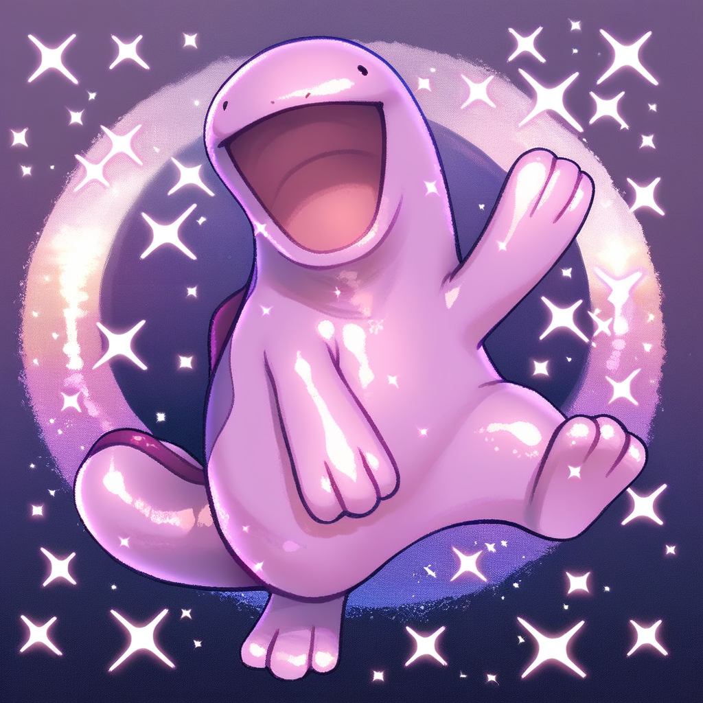 Score_7_up, score_8_up, full body, Quagsire, shiny pokemon, pink body, simple face, one hand up, :D, wide open mouth, sparkles, beach setting, detailed background,