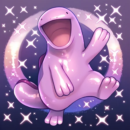 Score_7_up, score_8_up, full body, Quagsire, shiny pokemon, pink body, simple face, one hand up, :D, wide open mouth, sparkles, beach setting, detailed background,