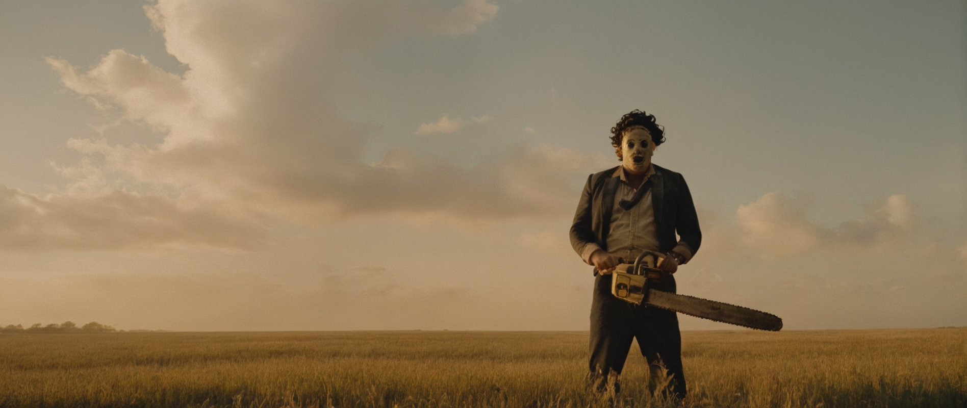 cinematic film still of  <lora:Leatherface:0.9>
Leatherface a man holding a chainsaw in a field,The Texas Chain Saw Massacre style,solo,1boy,weapon,male focus,outdoors,sky,cloud,sunset,trafalgar law , realistic, sharp, detailed, classic, 1970's, horror, photography, artistic, perfect chainsaw, crazy
 <lora:Chiaroscuro Lighting Style:1>Chiaroscuro Lighting Style, shallow depth of field, vignette, highly detailed, high budget, bokeh, cinemascope, moody, epic, gorgeous, film grain, grainy