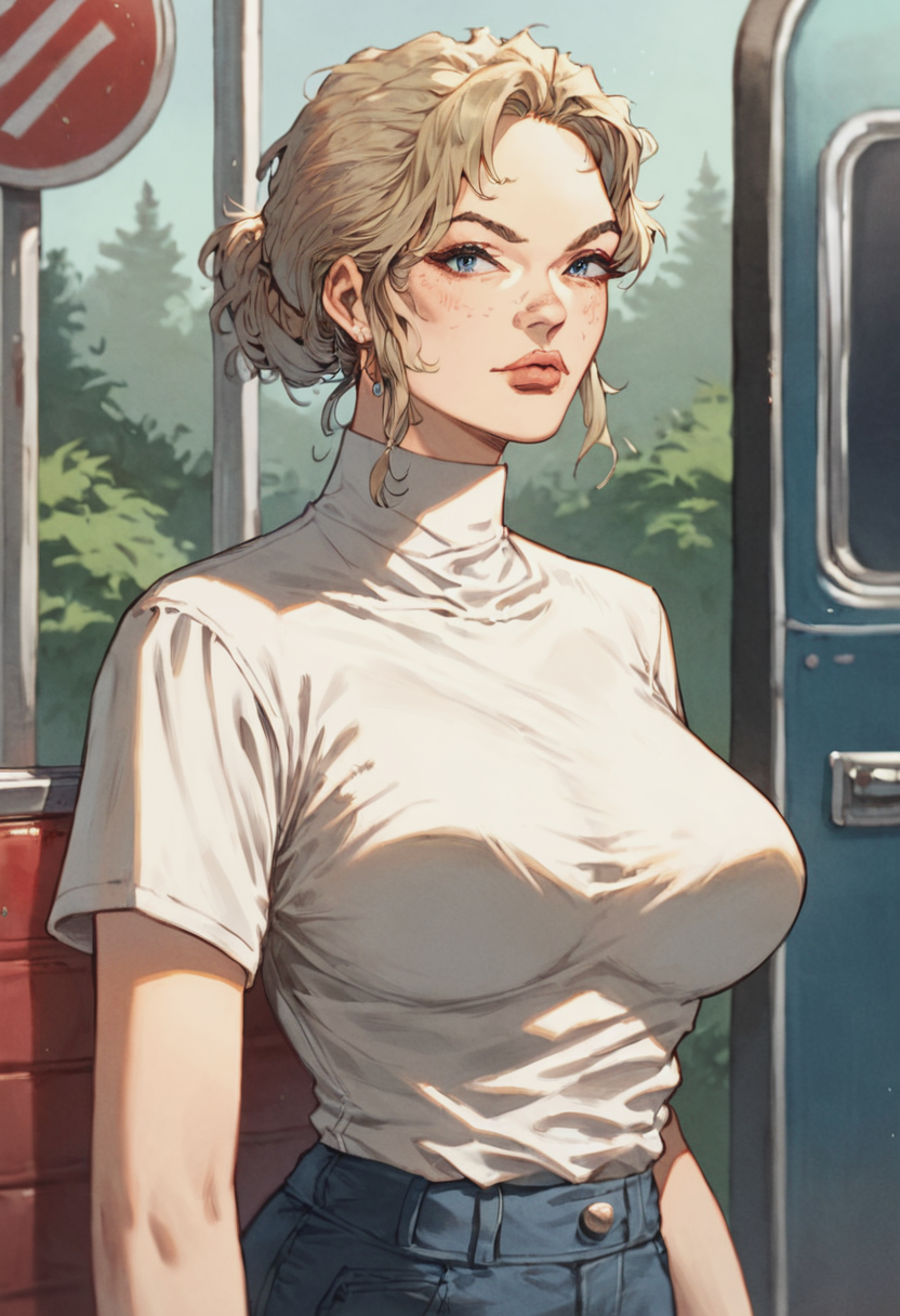 score_9, score_8_up, score_7_up, 1girl, large_breasts, mature_female, portrait, solo, looking_at_viewer, open_eyes, Standing with hands behind the back, perspective, (Cobalt blue Jupon), straight hair, wedge, Dirty Blonde hair, bus stop, upper_body, rating_safe, <lora:pony\artist_styles\jacques_geron_pony:1.0>