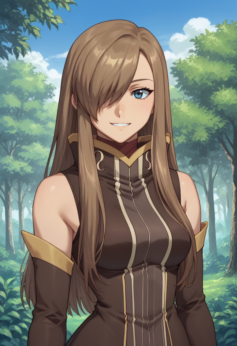 score_9, score_8_up, score_7_up, source_anime, highly detailed,    
teagrant, 1girl, solo, long hair, brown hair, blue eyes, dress, brown dress, high collar, gloves, hair over one eye, smile, detached sleeves, upper body,
outdoor, sky, trees,