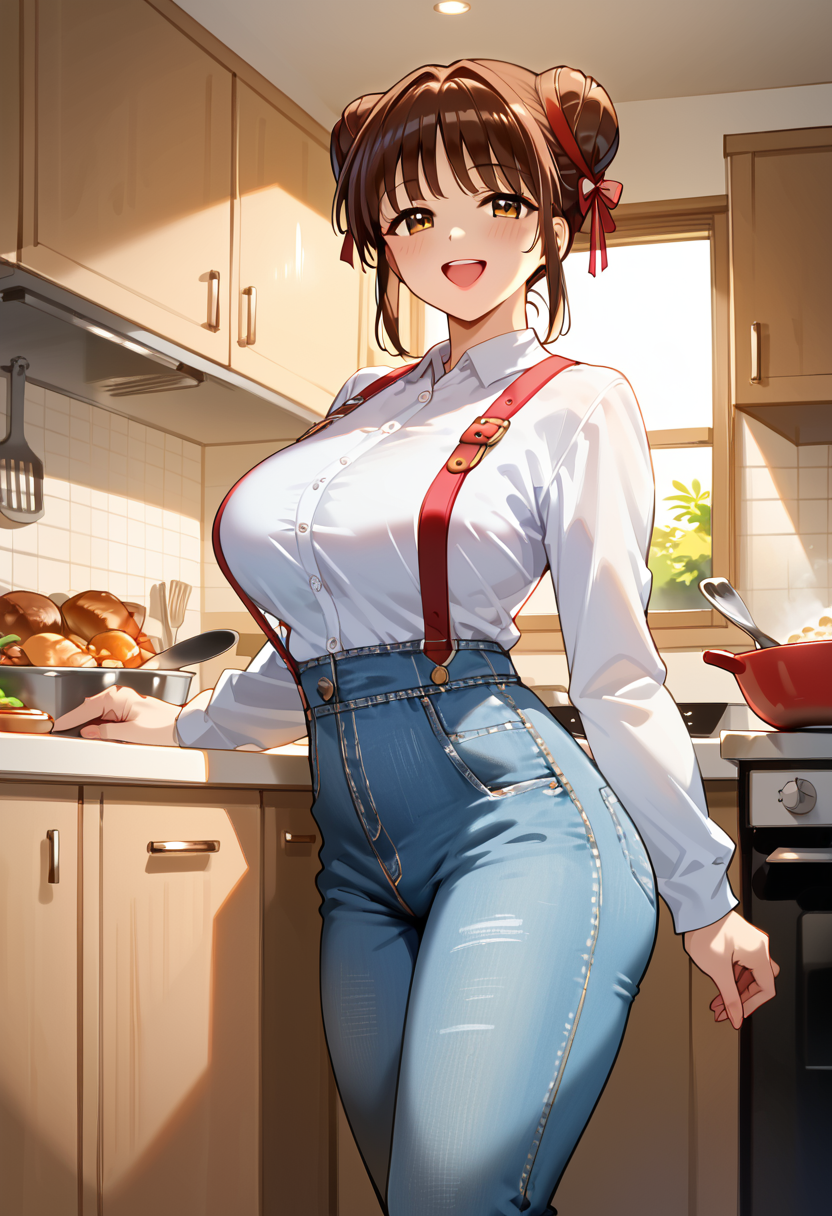 score_9, score_8_up, score_7_up, score_6_up, master piece, high quality, highres, fine light, studio lighting, (((big breast))), big hips, big ass, 1girl, solo, (shirt, suspenders, long sleevesm long pants, jeans), House, indoor, interior, kitchen, cooking, <lora:Expressive_H:1>, Expressiveh,  <lora:Miaka_Yuuki:1>, Miaka Yuuki, brown hair, brown eyes, double bun, hair bun, smile, open mouth