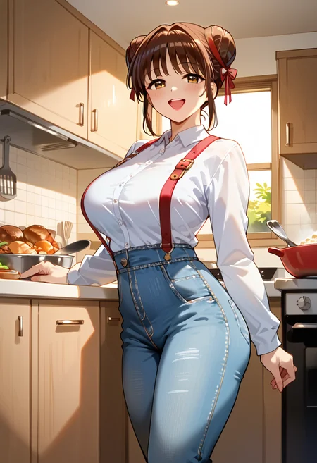 score_9, score_8_up, score_7_up, score_6_up, master piece, high quality, highres, fine light, studio lighting, (((big breast))), big hips, big ass, 1girl, solo, (shirt, suspenders, long sleevesm long pants, jeans), House, indoor, interior, kitchen, cooking, <lora:Expressive_H:1>, Expressiveh,  <lora:Miaka_Yuuki:1>, Miaka Yuuki, brown hair, brown eyes, double bun, hair bun, smile, open mouth